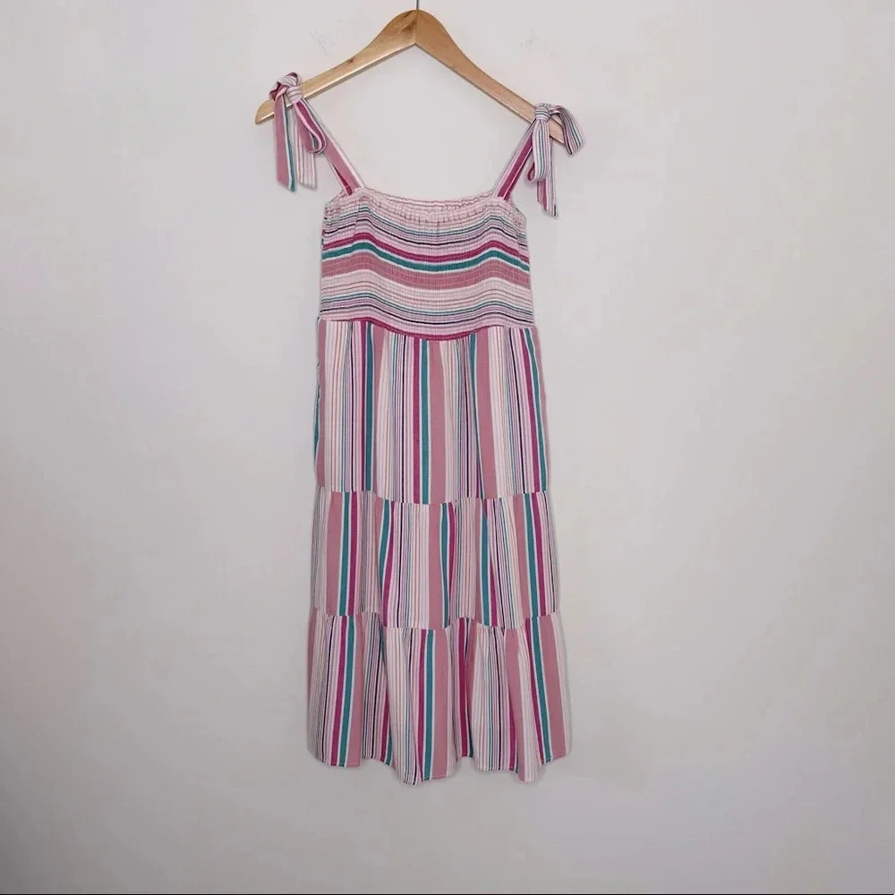 Thread & Supply Pink Llama Looking Up  Smocked Tie-Strap Midi Dress Size XS‎